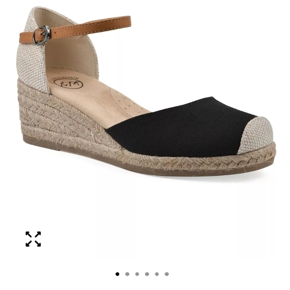 White Mountain Shoes - Black and Tan Espadrille Wedge Sandals 6.5 Women Sandals